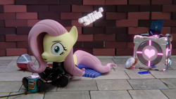 Size: 3840x2160 | Tagged: safe, artist:the luna fan, derpibooru exclusive, part of a set, fluttershy, pegasus, pony, g4, 3d, beans, blender, blender cycles, bottlecap, brick wall, companion cube, computer, crystal, cushion, donut, food, high res, laptop computer, latex, latex suit, onomatopoeia, part of a series, portal (valve), potion, rope, sliding, surprised, tiled floor