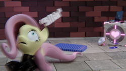 Size: 3840x2160 | Tagged: safe, artist:the luna fan, derpibooru exclusive, part of a set, fluttershy, pegasus, pony, g4, 3d, blender, blender cycles, bottlecap, brick wall, companion cube, computer, crystal, cushion, donut, food, high res, laptop computer, latex, latex suit, open mouth, part of a series, portal (valve), scared, sliding, tiled floor