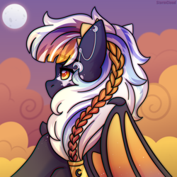 Size: 2500x2500 | Tagged: safe, artist:stesha, oc, oc only, oc:solluna, pegasus, pony, bat wings, braid, bust, cloud, commission, ear piercing, eyebrows, eyebrows visible through hair, female, half bat pony, high res, looking away, mare, moon, multicolored mane, night, night sky, pegasus oc, piercing, sky, sky background, solo, wings