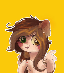 Size: 1280x1451 | Tagged: safe, alternate version, artist:colorbrush, oc, oc only, pegasus, pony, bust, heart, heterochromia, portrait, simple background, smiling, solo, yellow background