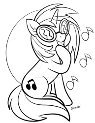 Size: 600x777 | Tagged: safe, artist:marybellamy, dj pon-3, vinyl scratch, pony, g4, lineart, monochrome, music notes, patreon, patreon reward, pose, requested art, simple background, sitting, smiling, solo, traditional art, white background