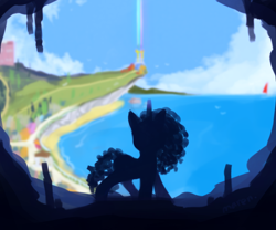 Size: 2000x1667 | Tagged: safe, artist:maren, misty brightdawn, pony, unicorn, g5, blurry, boat, cave, crystal brighthouse, female, mare, ocean, profile, shadow, silhouette, solo, water