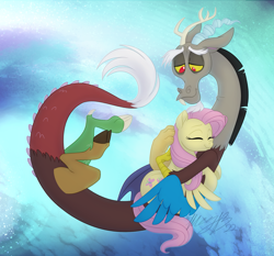 Size: 1200x1117 | Tagged: safe, artist:maybehawthorn, discord, fluttershy, draconequus, pegasus, pony, g4, cute, discute, female, happy, holding a pony, hug, male, ship:discoshy, shipping, straight