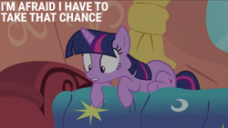 Size: 1920x1080 | Tagged: safe, edit, edited screencap, editor:quoterific, screencap, twilight sparkle, pony, unicorn, g4, lesson zero, season 2, bed, female, golden oaks library, mare, solo, unicorn twilight