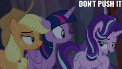 Size: 1280x720 | Tagged: safe, edit, edited screencap, editor:quoterific, screencap, applejack, starlight glimmer, twilight sparkle, alicorn, pony, g4, the mean 6, twilight sparkle (alicorn)