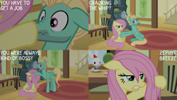 Size: 4400x2475 | Tagged: safe, edit, edited screencap, editor:quoterific, screencap, fluttershy, zephyr breeze, pegasus, pony, flutter brutter, g4, assertive fluttershy, boop, brother and sister, duo, duo male and female, female, fluttershy is not amused, frown, frustrated, get a job, gritted teeth, loose hair, male, mare, nose wrinkle, open mouth, open smile, ruffled hair, scrunchy face, siblings, smiling, stallion, stubble, teeth, unamused