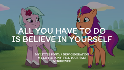 Size: 1920x1080 | Tagged: safe, edit, edited screencap, editor:quoterific, screencap, dahlia, sunny starscout, earth pony, pony, g5, my little pony: tell your tale, neighfever, spoiler:g5, spoiler:my little pony: tell your tale, spoiler:tyts01e16, female, mane stripe sunny, mare