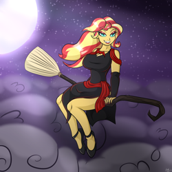 Size: 2000x2000 | Tagged: safe, artist:novaspark, sunset shimmer, human, undead, vampire, equestria girls, g4, big breasts, breasts, broom, busty sunset shimmer, clothes, cloud, costume, fangs, female, flying, flying broomstick, halloween, halloween 2022, halloween costume, hex girls, high res, holiday, lipstick, moon, night, solo, witch