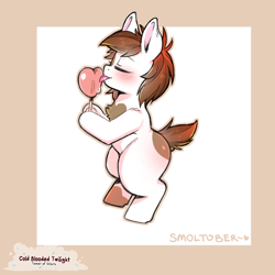 Size: 1200x1200 | Tagged: safe, artist:cold-blooded-twilight, pipsqueak, earth pony, pony, g4, bipedal, blushing, candy, colt, eyes closed, foal, food, male, raised tail, solo, spots, tail, tongue out