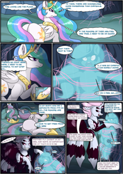 Size: 2893x4092 | Tagged: safe, artist:novaspark, part of a set, princess celestia, oc, oc:kiki, alicorn, changeling, pony, spider, spiderling, g4, butt, comic, dialogue, evil smile, eyes closed, female, grin, gritted teeth, imminent vore, mare, open mouth, plot, smiling, soul, spider web, teeth