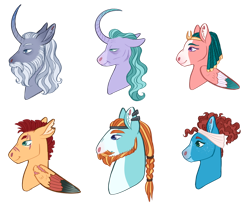 Size: 1280x1062 | Tagged: safe, artist:s0ftserve, flash magnus, meadowbrook, mistmane, rockhoof, somnambula, star swirl the bearded, earth pony, pegasus, unicorn, beard, braided ponytail, curved horn, ear piercing, eye scar, facial hair, facial scar, freckles, hair bun, horn, mohawk, piercing, pillars of equestria, profile, profile view, redesign, scar, scarred, story included