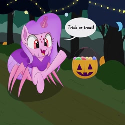 Size: 3000x3000 | Tagged: safe, artist:bestponies, oc, oc only, oc:silky web, monster pony, original species, pony, spider, spiderpony, unicorn, changeling egg, cute, decoration, dialogue, egg, fangs, female, halloween, high res, holiday, i can't believe it's not badumsquish, magic, mare, multiple eyes, nightmare night, open mouth, open smile, pumpkin, smiling, solo, telekinesis