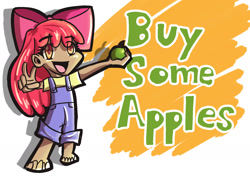 Size: 1748x1240 | Tagged: safe, artist:waderer_wolf, apple bloom, human, g4, apple, barefoot, buy some apples, clothes, feet, food, humanized, missing shoes, open mouth, overalls, peace sign, solo, text