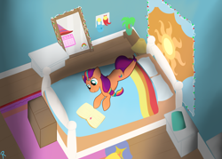 Size: 2800x2000 | Tagged: safe, artist:reinbou, sunny starscout, earth pony, pony, g5, my little pony: a new generation, bedroom, diary, high res, mismatched legs, pillow, poster, princess celestia's cutie mark, solo