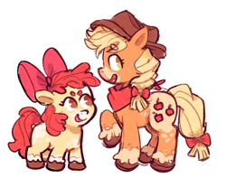 Size: 1066x840 | Tagged: safe, artist:vegetabletaxi, apple bloom, applejack, earth pony, pony, g4, apple sisters, bandana, beanbrows, bow, colored hooves, cowboy hat, duo, eyebrows, female, filly, foal, hair bow, hat, mare, neckerchief, siblings, simple background, sisters, unshorn fetlocks, white background