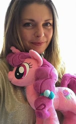 Size: 548x894 | Tagged: safe, sugar belle, human, unicorn, g4, irl, irl human, photo, plushie, rebecca shoichet, voice actor