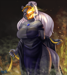 Size: 1811x2041 | Tagged: safe, alternate version, artist:brushstroke, oc, oc:mingle, earth pony, anthro, clothes, dress, earth pony oc, female, fire, halloween, holiday, jack-o-lantern, jewelry, looking at you, necklace, pumpkin, solo, stitched body, stitches, the nightmare before christmas, thighs