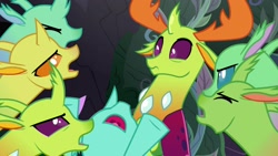 Size: 1920x1080 | Tagged: safe, screencap, arista, clypeus, cornicle, frenulum (g4), lokiax, soupling, thorax, changedling, changeling, g4, season 7, to change a changeling, 1080p, angry, changeling king, king thorax, male, nose in the air, simple background, vector, wavy mouth, we want him banished!
