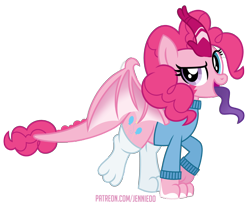 Size: 1000x818 | Tagged: safe, artist:jennieoo, pinkie pie, dragon, hybrid, kirin, monster pony, original species, pony, tatzlpony, g4, clothes, dragon wings, heterochromia, horn, looking at you, open mouth, open smile, paws, show accurate, simple background, smiling, smiling at you, solo, species swap, stockings, sweater, thigh highs, tongue out, transparent background, vector, wings