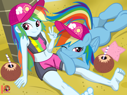 Size: 2700x2025 | Tagged: safe, artist:succubi samus, rainbow dash, human, pegasus, pony, equestria girls, 20% cooler, bare shoulders, barefoot, beach, breasts, butt, cap, clothes, coconut, cute, duality, feet, food, hat, human ponidox, looking at you, multicolored hair, multicolored mane, one eye closed, peace sign, plot, rainbutt dash, self paradox, self ponidox, shading, sleeveless, smiling, swimsuit, tail