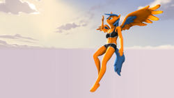 Size: 1280x720 | Tagged: safe, artist:aidenrin, oc, oc:shallow speed, alicorn, anthro, 3d, alicorn oc, clothes, flying, gym shorts, horn, sky, solo, sports bra, spread wings, wings, workout outfit