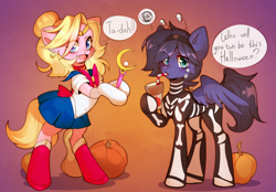 Size: 3716x2592 | Tagged: safe, artist:pledus, oc, oc only, oc:fenris ebonyglow, oc:kara waypoint, earth pony, pegasus, pony, belly, belly button, clothes, costume, halloween, halloween costume, high res, holiday, pumpkin, sailor moon (series), simple background, skeleton costume, slender, thin