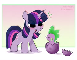 Size: 2118x1651 | Tagged: safe, artist:syrupyyy, spike, twilight sparkle, dragon, pony, unicorn, g4, the cutie mark chronicles, baby, baby dragon, baby spike, blushing, cute, daaaaaaaaaaaw, dragon egg, duo, egg, emanata, eye clipping through hair, female, filly, filly twilight sparkle, gradient background, hatching, mama twilight, ponytober, spikabetes, spike's egg, squint, twiabetes, unicorn twilight, weapons-grade cute, younger