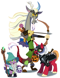 Size: 1880x2412 | Tagged: safe, artist:spring_spring, part of a set, big macintosh, discord, spike, draconequus, dragon, pony, unicorn, dungeons and discords, g4, armor, arrow, bag, bow (weapon), bow and arrow, bucket, candy, candy bag, captain wuzz, clothes, commission, commissioner:zcord, costume, dungeons and dragons, food, garbuncle, halloween, halloween costume, holiday, implied rarity, ogres and oubliettes, pumpkin bucket, race swap, show accurate, simple background, sir mcbiggen, staff, story included, sword, transparent background, unicorn big mac, weapon