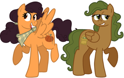 Size: 2264x1429 | Tagged: safe, artist:queertrixie, derpibooru exclusive, oc, oc only, oc:clover basket, oc:pumpkin patch, pegasus, pony, duo, female, hair tie, kerchief, lidded eyes, mare, neckerchief, pegasus oc, raised hoof, simple background, spread wings, white background, wings