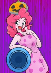 Size: 440x626 | Tagged: safe, alternate version, artist:batipin, boulder (g4), pinkie pie, human, equestria girls, g4, breasts, female, open mouth, party cannon, rock, solo