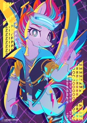 Size: 2480x3508 | Tagged: safe, artist:wavecipher, zipp storm, pegasus, pony, g5, clothes, cyberpunk 2077, detective zipp, female, high res, looking at you, mare, rad-visor, solo