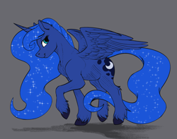 Size: 2223x1750 | Tagged: safe, artist:crimsonwolf360, princess luna, alicorn, pony, g4, blue body, colored hooves, female, mare, raised hoof, simple background, smiling, solo, unshorn fetlocks