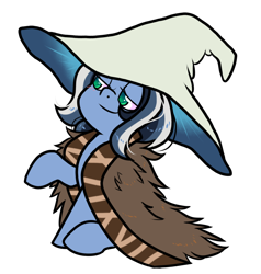 Size: 936x984 | Tagged: safe, artist:paperbagpony, oc, oc only, oc:frozen fractal, pony, cloak, clothes, cosplay, costume, elden ring, hat, lidded eyes, ranni the witch, simple background, smiling, solo, white background, witch hat