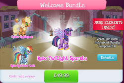 Size: 1286x860 | Tagged: safe, gameloft, applejack, rainbow dash, twilight sparkle, alicorn, earth pony, gynoid, pegasus, pony, robot, robot pony, g4, antennae, applebot, barn, bundle, camera, collection, costs real money, crack is cheaper, english, female, group, hologram, horn, horns, mare, numbers, rainbot dash, roboticization, spread wings, text, twibot, twilight sparkle (alicorn), welcome bundle, wings