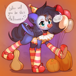 Size: 2316x2327 | Tagged: safe, artist:pledus, oc, oc only, oc:kennel nightshade, pegasus, pony, clothes, clown, costume, female, gradient background, halloween, halloween costume, high res, holiday, mare, pumpkin, socks, striped socks