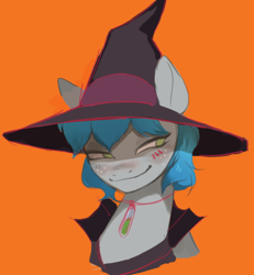 Size: 728x788 | Tagged: source needed, useless source url, safe, artist:egil, oc, oc only, oc:virtuous hope, pegasus, pony, bust, clothes, costume, halloween, halloween costume, hat, holiday, orange background, portrait, simple background, solo, witch hat