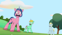 Size: 3072x1727 | Tagged: safe, screencap, clapboard snap, emerald saucer, plum library, earth pony, pony, unicorn, filly filling, g5, my little pony: tell your tale, spoiler:g5, spoiler:my little pony: tell your tale, spoiler:tyts01e33, female, high res, male, mare, open mouth, pinpoint eyes, stallion, trio, unnamed character, upscaled, youtube link