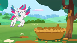 Size: 3072x1727 | Tagged: safe, screencap, zipp storm, pegasus, pony, filly filling, g5, my little pony: tell your tale, spoiler:g5, spoiler:my little pony: tell your tale, spoiler:tyts01e33, female, flying, food, high res, mare, open mouth, pie, solo, spread wings, tree, upscaled, wings, youtube link