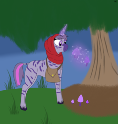 Size: 3025x3176 | Tagged: safe, artist:madtown97, oc, oc only, original species, zebra, zebracorn, g5, my little pony: a new generation, my little pony: make your mark, female, forest, high res, hijab, levitation, magic, mare, mushroom, purple eyes, solo, spotted, telekinesis, zebra oc