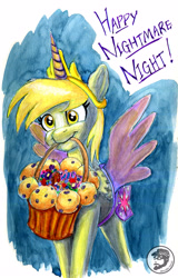 Size: 3188x4994 | Tagged: safe, artist:invalid-david, derpy hooves, pegasus, pony, mlp fim's twelfth anniversary, g4, alicorn costume, clothes, costume, fake cutie mark, fake horn, fake wings, food, halloween, halloween costume, holiday, muffin, nightmare night, nightmare night costume, solo, text, traditional art, trick or treat, watercolor painting