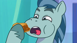 Size: 3072x1727 | Tagged: safe, screencap, rufus, earth pony, pony, filly filling, g5, my little pony: tell your tale, spoiler:g5, spoiler:my little pony: tell your tale, spoiler:tyts01e33, food, high res, male, open mouth, pie, solo, stallion, upscaled, youtube link