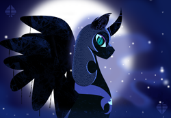 Size: 3200x2220 | Tagged: safe, artist:ectttan, nightmare moon, alicorn, pony, g4, alone, blue eyes, evil, high res, moon, night, nightmare night, stars