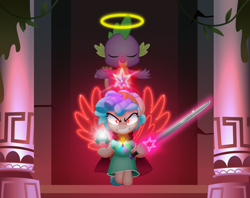 Size: 800x633 | Tagged: safe, artist:jhayarr23, cozy glow, spike, dragon, pegasus, pony, g4, bell, clothes, dress, grogar's bell