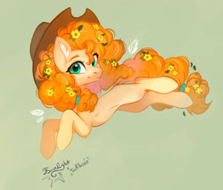 Size: 2700x2300 | Tagged: safe, artist:jsunlight, artist:sofiko-ko, pear butter, earth pony, pony, g4, collaboration, cowboy hat, female, flower, flower in hair, green background, hat, high res, looking at you, mare, simple background, smiling, smiling at you, solo