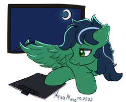 Size: 2485x2008 | Tagged: safe, artist:aquamuro, oc, oc only, hybrid, pegabat, pony, annoyed, crescent moon, ear fluff, fangs, fluffy, half bat pony, high res, male, moon, night, procrastination, signature, simple background, sketch, stallion, stars, tablet, tablet pen, transparent background, window, wing hold, wings