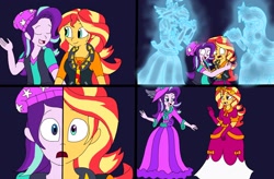 Size: 2266x1488 | Tagged: safe, artist:artsymlp12, rarity, starlight glimmer, sunset shimmer, twilight sparkle, ghost, human, undead, equestria girls, g4, beanie, clothes, crown, dress, duo, eyes closed, halloween, halloween 2022, hat, holiday, hug, jewelry, long dress, long skirt, open mouth, possessed, regalia, scared, skirt, smiling, twilight sparkle (alicorn)