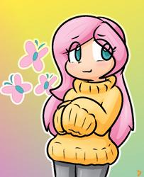 Size: 748x923 | Tagged: safe, artist:zutcha, fluttershy, human, g4, blushing, clothes, cute, cutie mark background, eye clipping through hair, female, gradient background, humanized, outline, shyabetes, solo, sweater, sweatershy, white outline