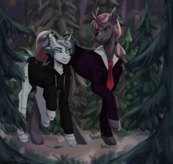 Size: 1900x1800 | Tagged: safe, artist:pryanech, oc, oc only, pony, unicorn, bandage, clothes, commission, duo, forest, full body, hoodie, necktie, suit