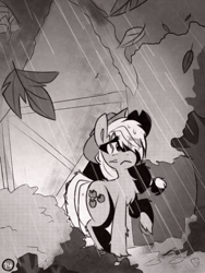 Size: 1050x1400 | Tagged: safe, artist:provolonepone, applejack, earth pony, pony, comic:sapphic story, g4, applejack's hat, bush, comic, cowboy hat, hat, leaf, monochrome, rain, tree