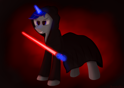 Size: 3508x2480 | Tagged: safe, artist:samenandsam, oc, oc only, oc:sound shiver, pony, unicorn, clothes, dark jedi, evil smile, eyebrows, glowing, glowing horn, grin, high res, horn, knights of ren, lightsaber, magic, magic aura, male, simple background, sith, smiling, solo, stallion, star wars, telekinesis, unicorn oc, weapon